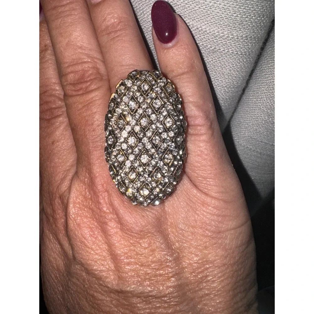 Statement Cocktail Ring Oval Gold Rhinestone Pave Party Bling‎ Fashion Jewelry